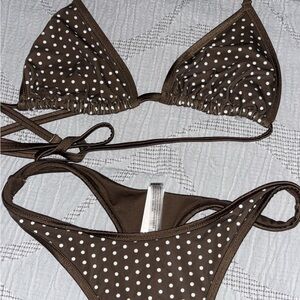 PINK Victoria's Secret Brown and White Polka Dot Bikini Top XL & M Bottoms